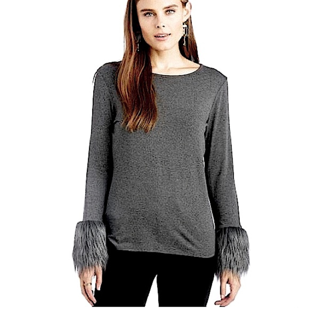 Vince Camuto Faux Fur Trim Long Sleeve Top Blouse Gray Medium Preppy Evening